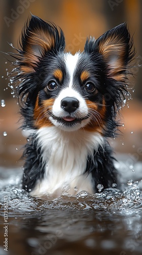Playful Dog in Water; Forest Background