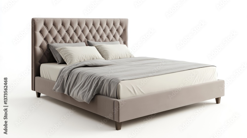 Obraz premium A comfortable bed frame with a soft headboard, isolated on a white background with copy space