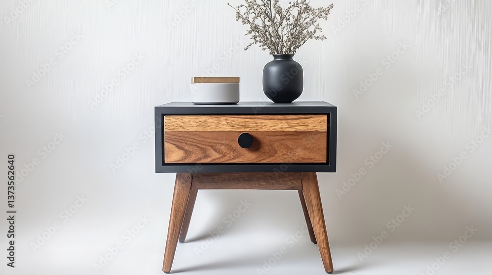 A contemporary bedside table with a single drawer, placed on a white background with space available A contemporary bedside table with a single drawer, placed on a white background with space available
