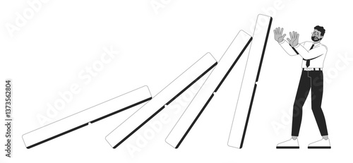 Economic troubles line illustration concept. Domino chain reaction collapse. Businessman trying to stop falling dominoes from toppling outline 2D character isolated. Ink linear drawing vector art