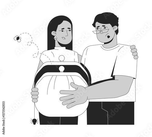 Family poverty line illustration concept. Financial hardship, budget struggle. Broke arab couple holding empty purse with sad faces outline 2D characters isolated. Ink linear drawing vector art