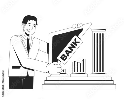 Bank collapse line illustration concept. Economic crisis. Institution banking intervention. Banker trying to hold up crumbling structure outline 2D character isolated. Ink linear drawing vector art