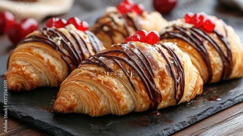 Wallpaper Mural Decadent chocolate croissants with cherries on slate. A sweet, textured treat with rich detail and a blurred background Torontodigital.ca