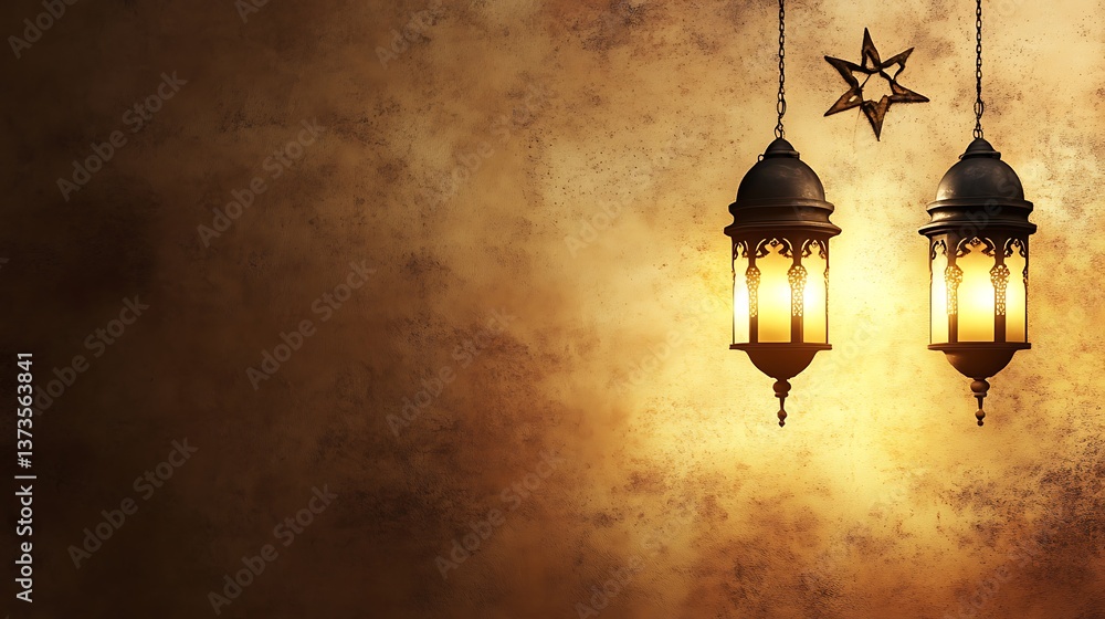 Two ornate glowing lanterns hanging with a decorative star above them Two ornate glowing lanterns hanging with a decorative star above them