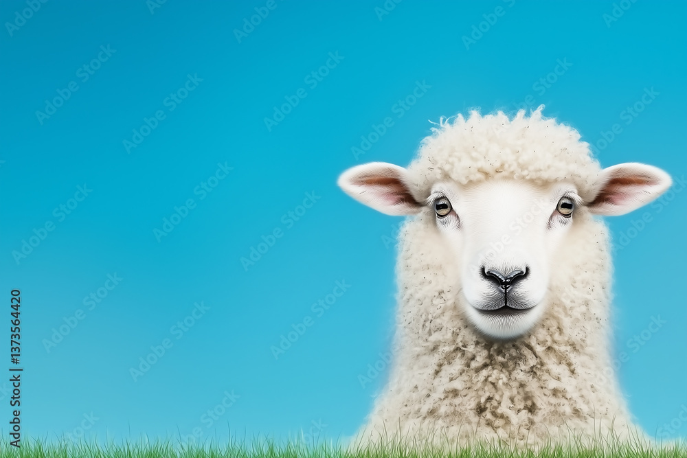 Fototapeta premium cheerful close-up of a fluffy white sheep in green grass with bright blue sky background