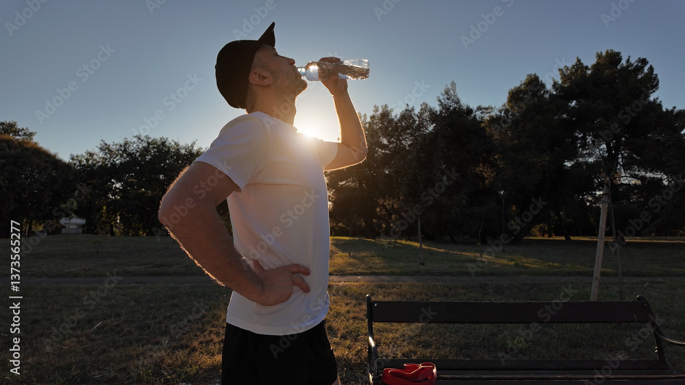 Thirsty man drinking water after jogging in a park during sunset hours.