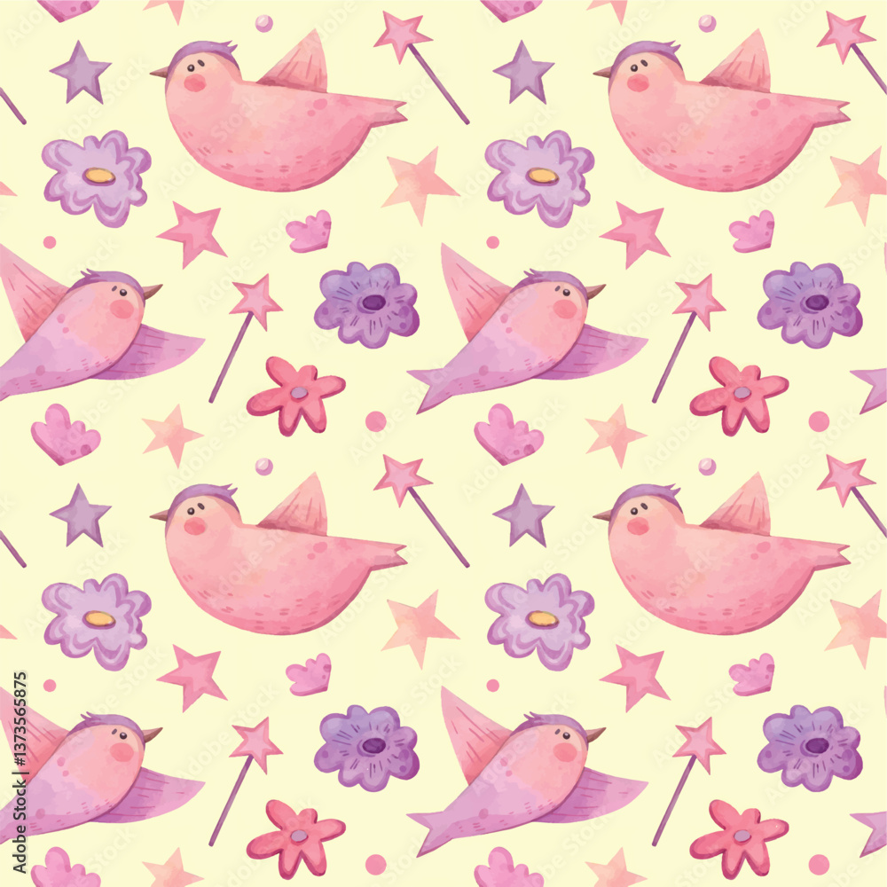 Obraz premium Watercolor hand painted cute birds pattern. Nursery, love, flowers, stars. Yellow background. Use it for postcards, invitations, and scrapbooking.