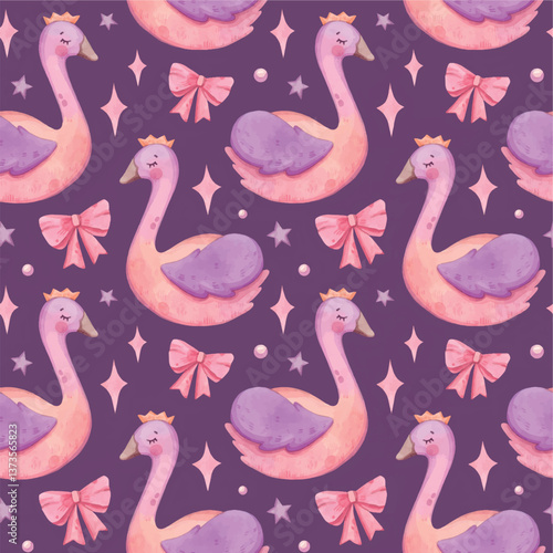 Watercolor hand painted cute swan pattern. Nursery, love, ribbons, stars. Violet background. Use it for postcards, invitations, and scrapbooking.