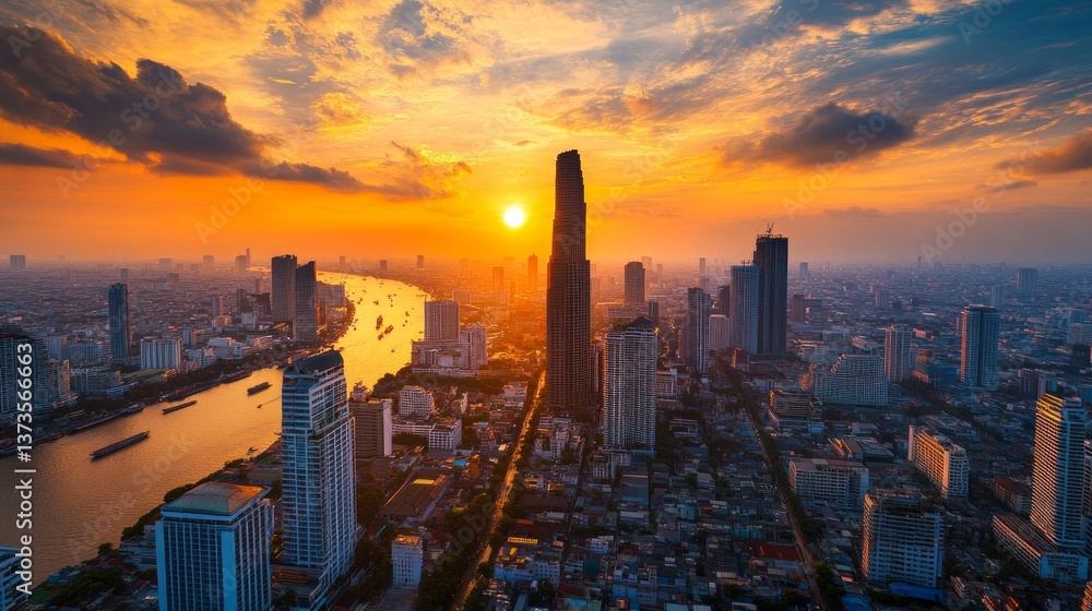 Fototapeta premium Breathtaking sunset over river cityscape ho chi minh city aerial view urban environment scenic beauty