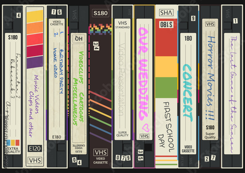 1980s VHS Cassettes Background, Old Home Video Collection Style Illustration, Vector Template for Vintage Posters, Covers, Illustrations