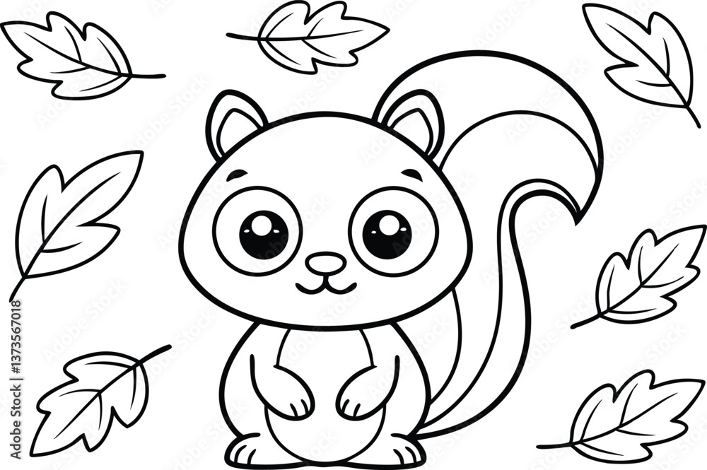 Line Art Cute Squirrel Cartoon with Autumn Leaves on Transparent Background Line Art Cute Squirrel Cartoon with Autumn Leaves on Transparent Background