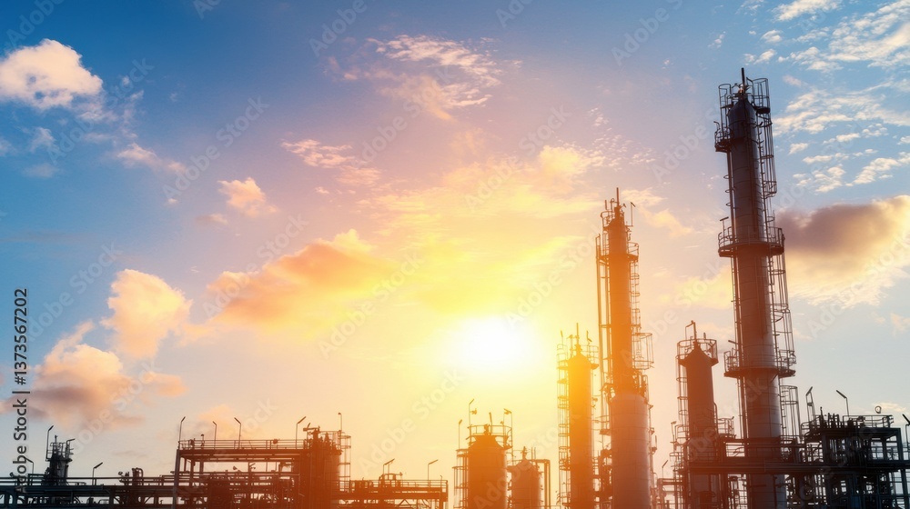 Fototapeta premium Industrial skyline at sunset with clouds and structures.