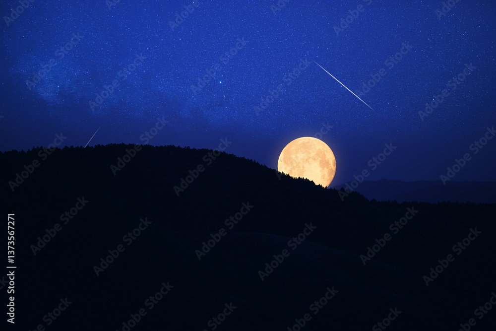 Full Moon, stars, planets and landscape scenery silhouettes.