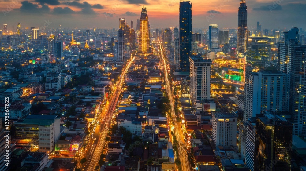 Obraz premium City skyline at dusk bangkok night photography urban environment aerial view illuminated beauty