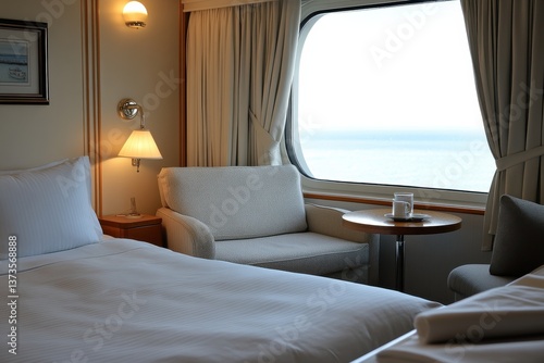 Cozy hotel room with window view on serene ocean landscape