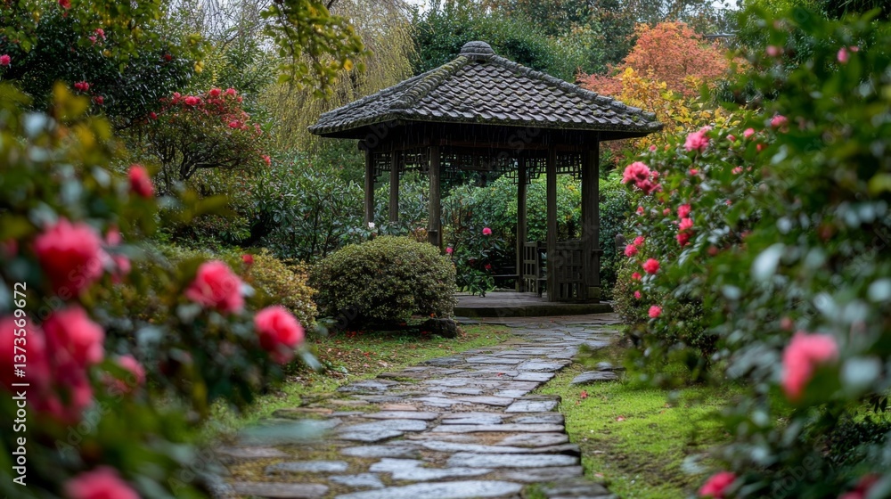 Obraz premium A serene garden pathway leading to a traditional gazebo. Bright flowers bloom on either side creating a peaceful atmosphere. Perfect for relaxation and reflection. Generative AI