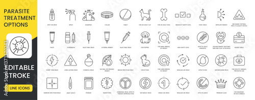 A set of parasite treatment option icons in vector representing various medications remedies and preventive solutions for pet health with an editable stroke