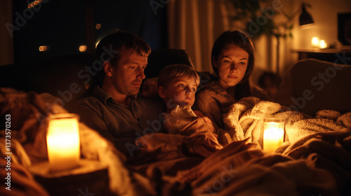Family huddled by candlelight during power outage at home