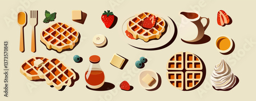 Vector illustration of waffles with syrup, strawberries, blueberries, whipped cream, butter, utensils on a beige background, perfect for breakfast, food, and culinary-themed designs and illustration