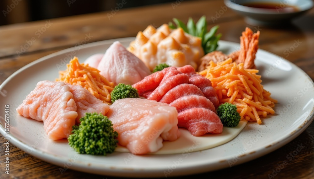 The seafood on the plate is vibrant and glistening The seafood on the plate is vibrant and glistening