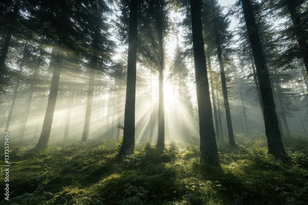 Obraz premium Misty Forest with Sunlight Rays and Tall Trees in Natural Setting