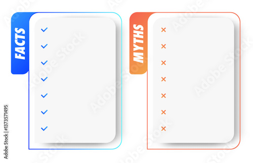 Facts and myths vector frame template modern style isolated on white background. Fact checking or easy compare evidence 10 eps
