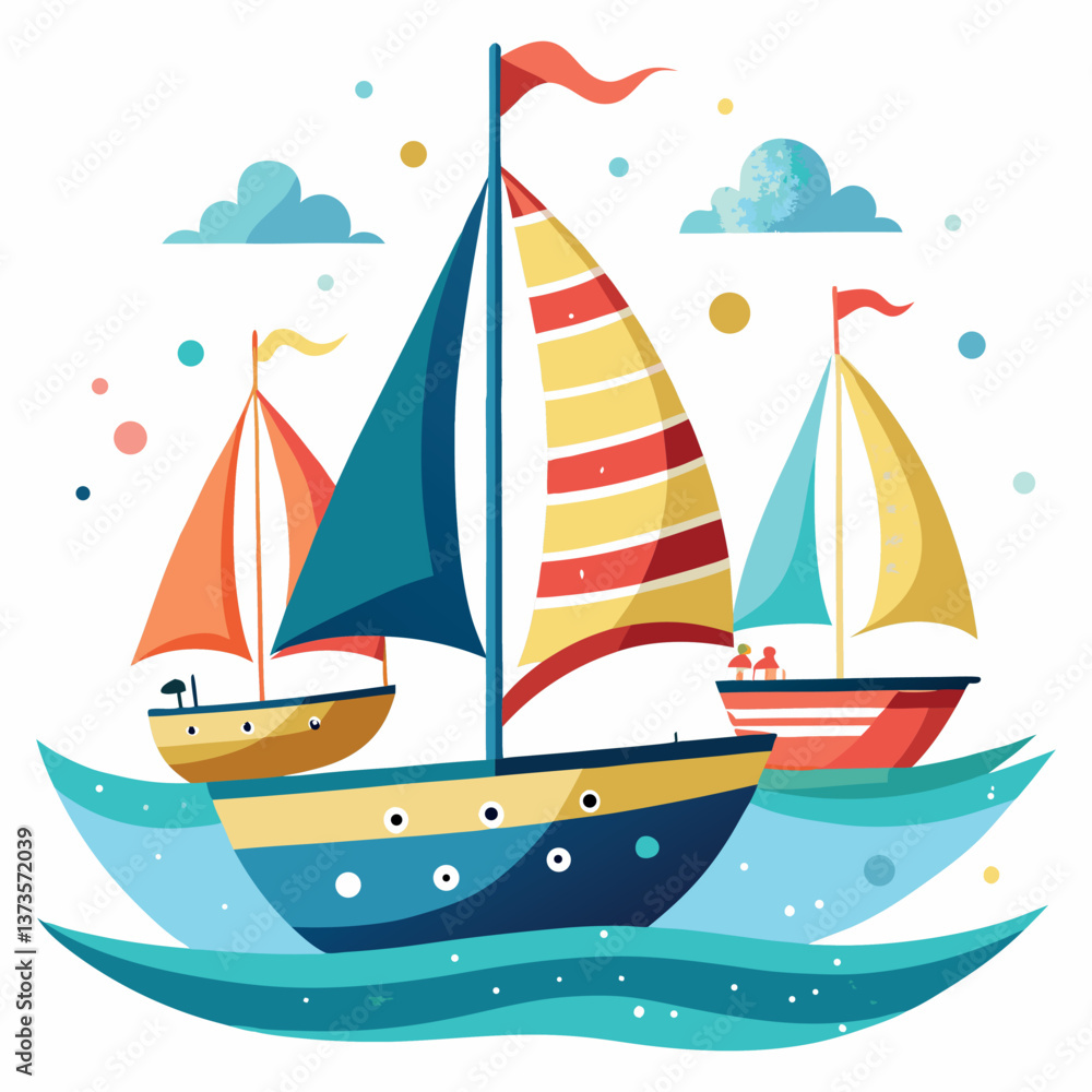 Fototapeta premium Print Watercolor Cute Sailboats vector isolated on white background