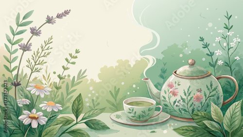 "Pastel Watercolor Tea Time Background with Steaming Teapot & Herb Sprigs – Soothing Botanical Illustration with Copy Space"