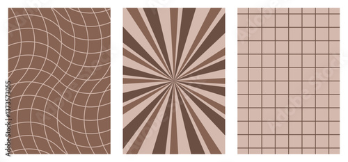 Set of groovy Y2k backgrounds.  Abstract optical illusion checkered wavy pattern, sunburst sun rays poster collection in brown beige colors. Checkered background with distorted squares. Vector