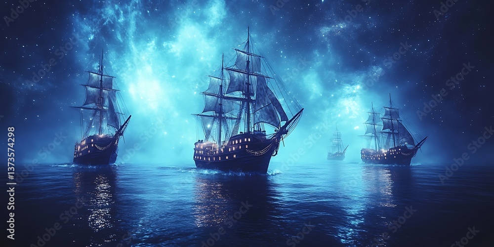 Fototapeta premium Mysterious Ships at Night Sea