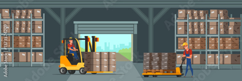 Warehouse indoor flat vector illustration. Factory storehouse workers characters. Handymen loading cardboard boxes. Distribution, logistics, shipment.