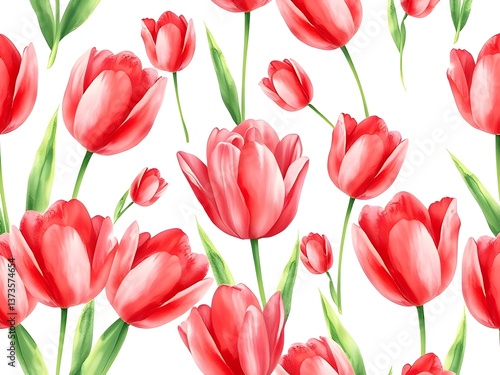 Wallpaper Mural Watercolor Red Tulip Flower Seamless Pattern, Floral Background, Spring Blossom, Tulip Buds, Repeating Design, Botanical Print Torontodigital.ca