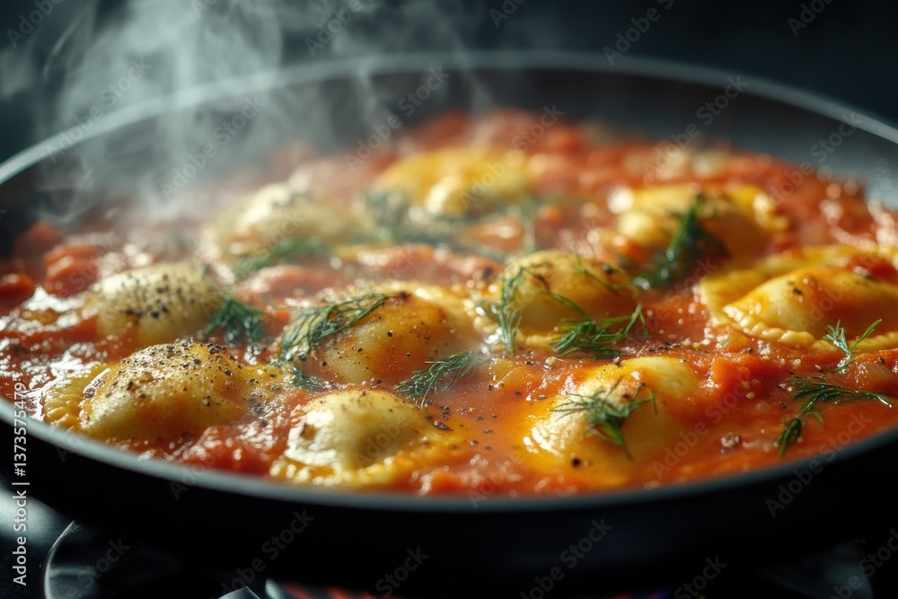 Fresh Ravioli Cooking in Rich Tomato Sauce with Herbs and Steam Fresh Ravioli Cooking in Rich Tomato Sauce with Herbs and Steam