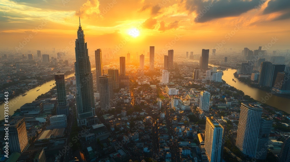 Naklejka premium Urban sunset skyline over river cityscape aerial view vibrant environment modern architecture and nature