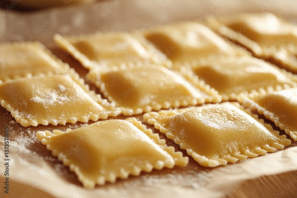 Fresh Homemade Ravioli Placed Neatly on Wooden Surface Fresh Homemade Ravioli Placed Neatly on Wooden Surface