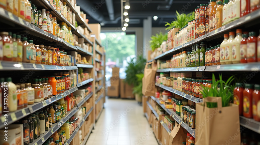 Fototapeta premium A supermarket aisle with eco-friendly products in recyclable packaging, featuring organic foods, biodegradable cleaning items, and reusable bags for sustainable living.