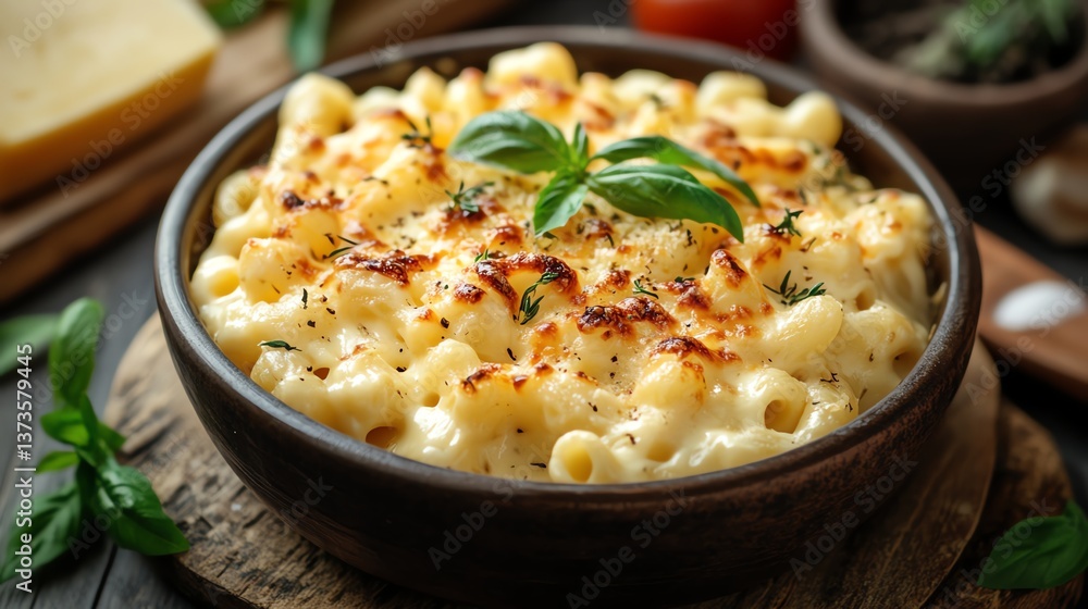 A creamy mac and cheese dish in a rustic ceramic bowl A creamy mac and cheese dish in a rustic ceramic bowl