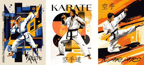 Set of karate posters. Martial arts in an abstract style. Vector templates for postcards, posters, flyers, banners and others. Translation of hieroglyphs: karate.