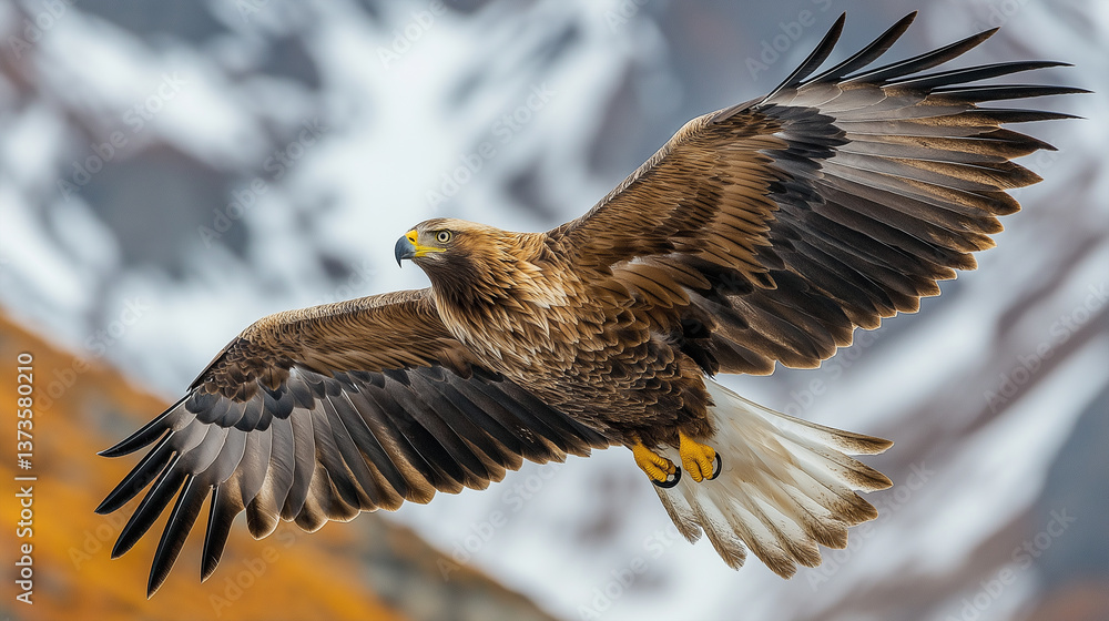 Fototapeta premium Majestic eagle in flight with wings spread against a mountain backdrop.