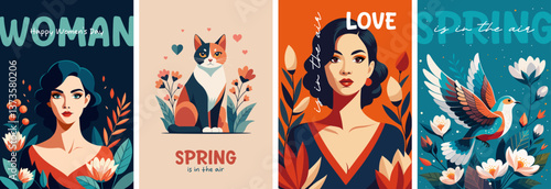 It's springtime. Stylish flat-style spring illustrations with a girl, a cat, a bird and flowers.