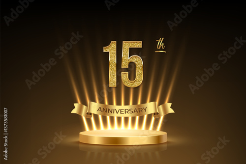Fifteenth anniversary gold award podium. 15 years celebration birthday or jubilee golden vector background. Luxury stage with glowing rays, glittering number 15, ribbon with text anniversary on black.