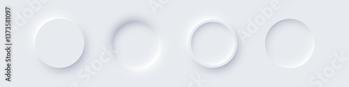 White round web buttons. Soft glowing circular UI elements in modern neomorphism style. Abstract 3D buttons with subtle shadows and light effects. Minimalist vectors for apps, digital interfaces.