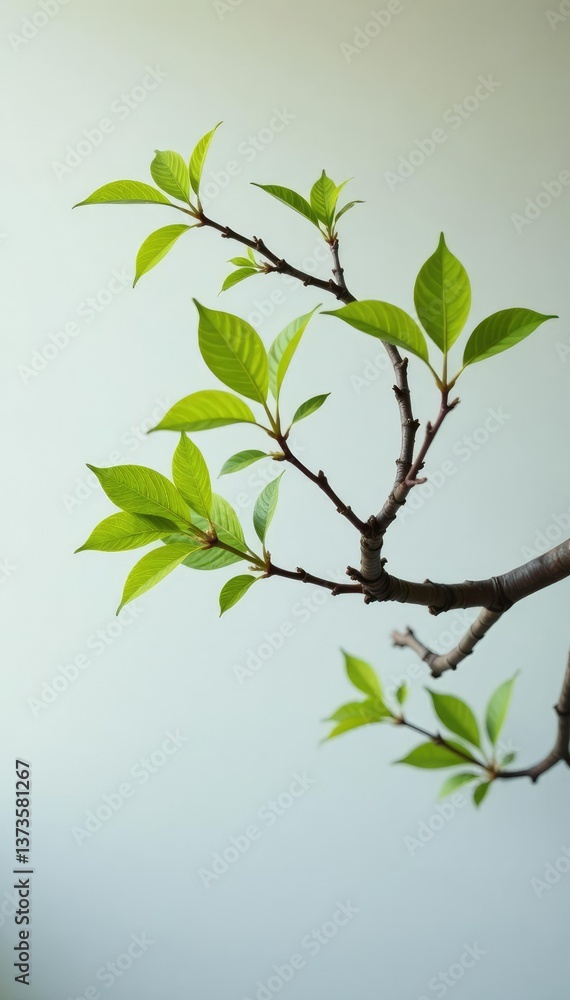 Straight long branch against light gray background, branch, tree, foliage Straight long branch against light gray background, branch, tree, foliage