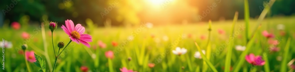 Fototapeta premium Sun-kissed meadow with delicate Ophelia tetrapetala flowers, flower fields, nature scenes, green fields