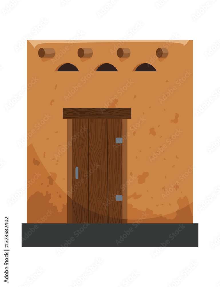 Adobe house. Traditional building illustrate craftsmanship of rustic architecture. Construction with wooden elements. Vector cartoon illustration