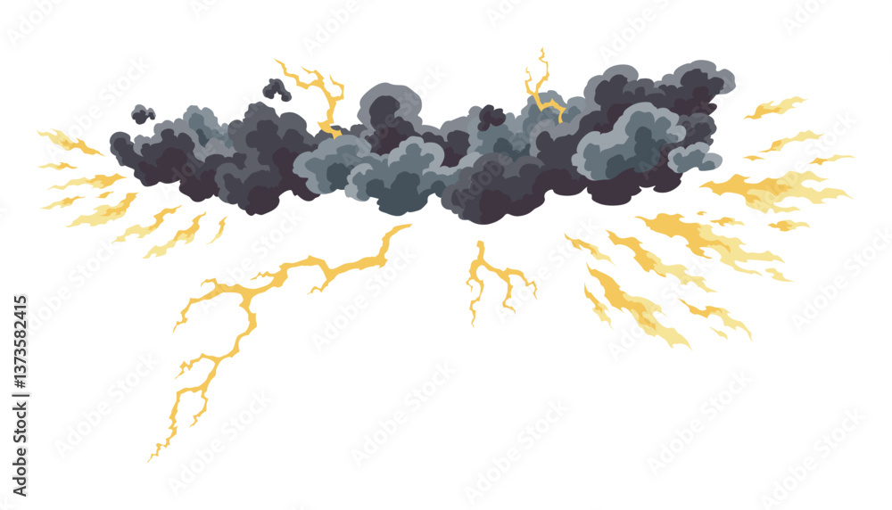 Lightning strikes from the cloud. Natural phenomenon, light effect. Effective texture of steam and energy. Grey clouds with natural glow