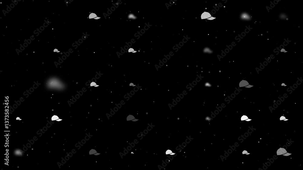 Template animation of evenly spaced baseball cap symbols of different sizes and opacity. Animation of transparency and size. Seamless looped 4k animation on black background with stars Template animation of evenly spaced baseball cap symbols of different sizes and opacity. Animation of transparency and size. Seamless looped 4k animation on black background with stars
