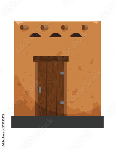 Obraz na płótnie Adobe house. Traditional building illustrate craftsmanship of rustic architecture. Construction with wooden elements. Vector cartoon illustration w salonie