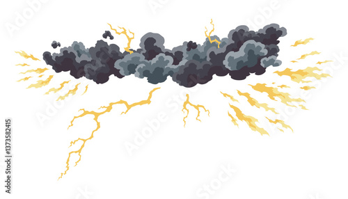 Lightning strikes from the cloud. Natural phenomenon, light effect. Effective texture of steam and energy. Grey clouds with natural glow
