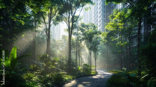 Wallpaper Mural A serene morning scene of a dense Miyawaki forest within a residential project, where closely packed trees and plants form a natural oasis Torontodigital.ca